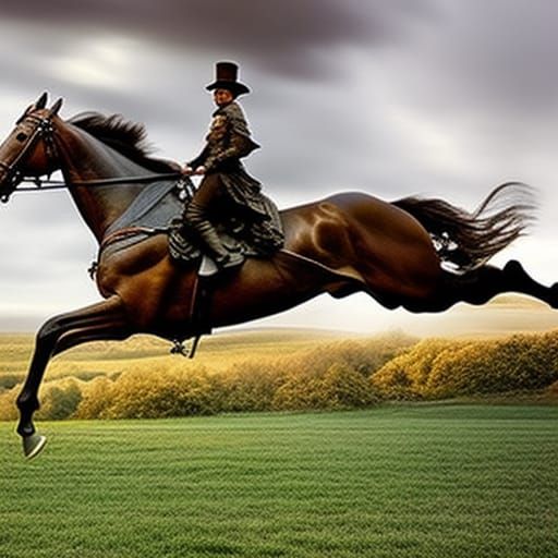 Steampunk Clockwork Horse Leaps Across Misty Landscape
