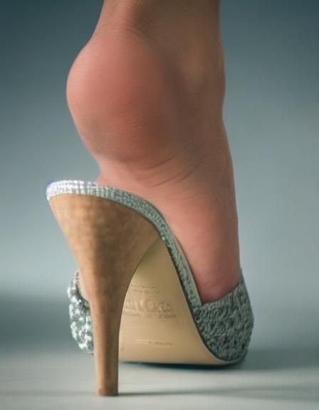 close-up of the right feet of a woman's foot in a high-heeled shoe from behind with the heel raised (as in putting the s...