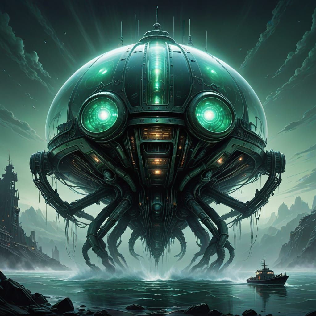 Abandoned Biomechanical Vessel in Dystopian Fog