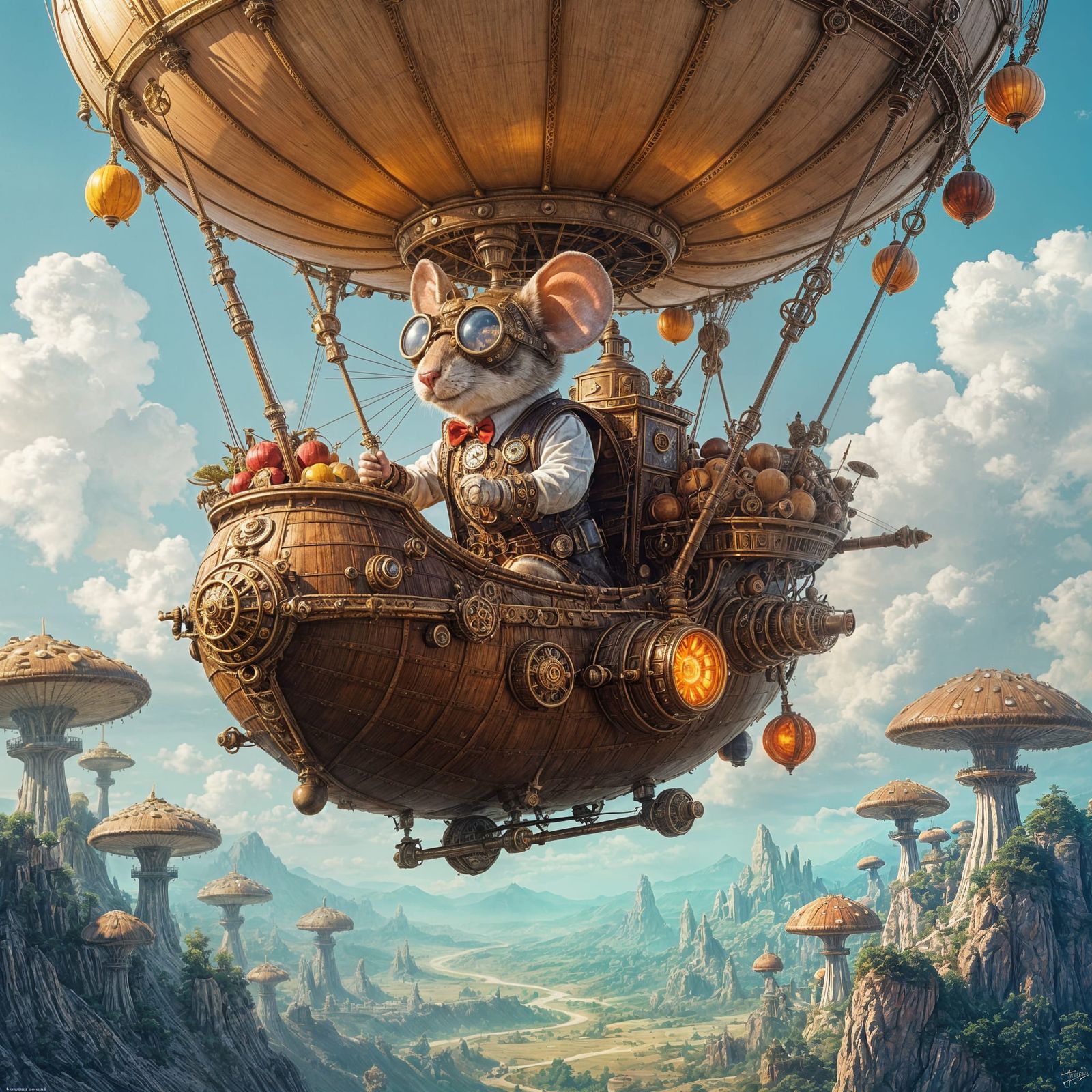 Steampunk Mouse Airship Pilot in Alien Landscape