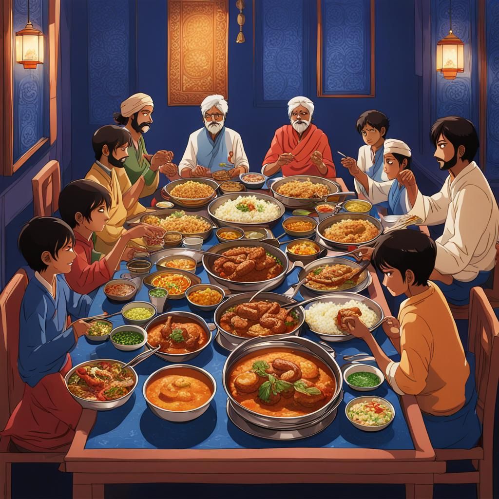 Indian Restaurant Feast in Blue Anime Style