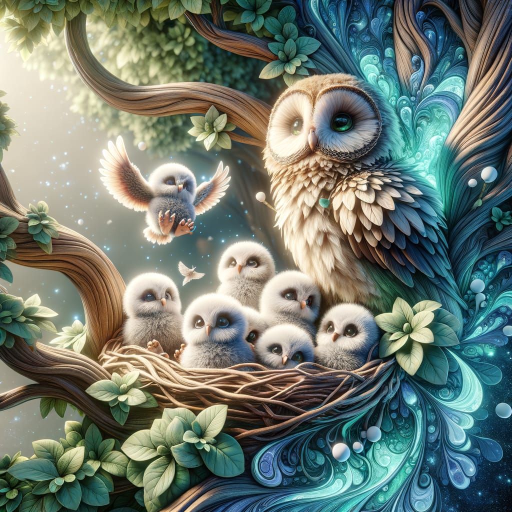 Mother and Owlets in Tree: 3D Rendered Scene