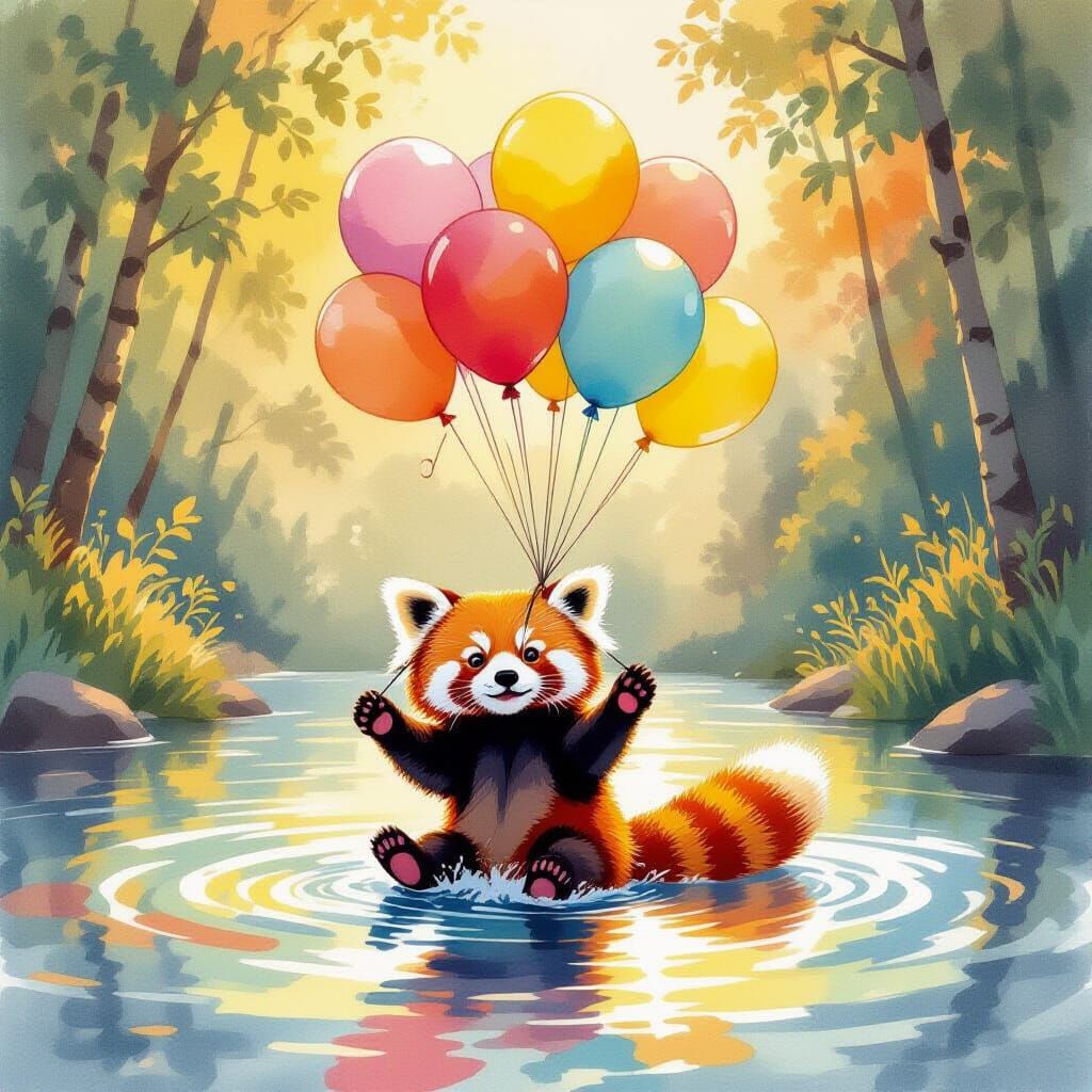 Red Panda Slides on Water with Balloons in Watercolor Style