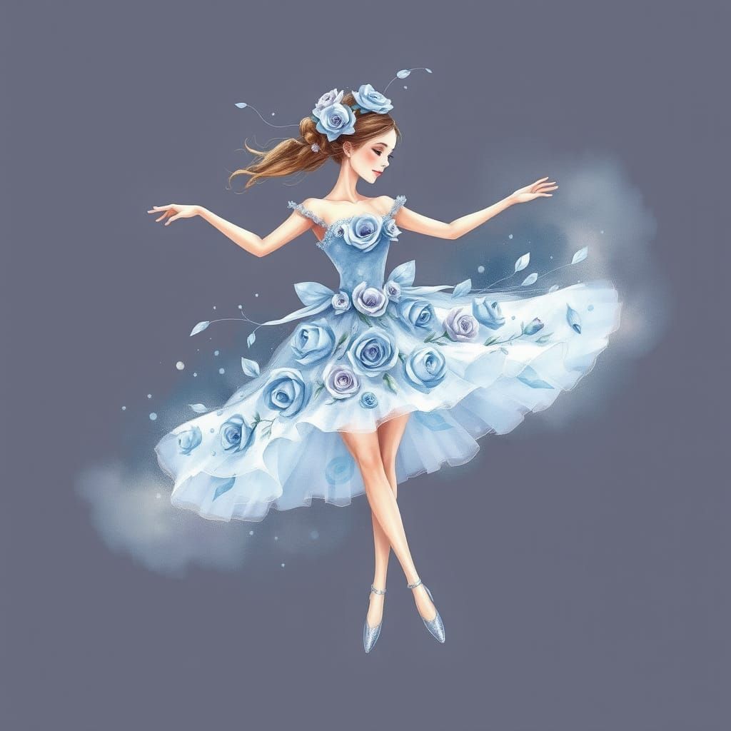 Whimsical Blue Rose Dancer in Dreamy Watercolor
