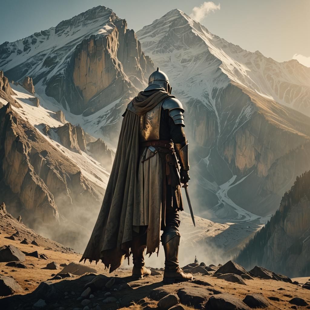 Knight Templar at the Base of a Giant Mountain