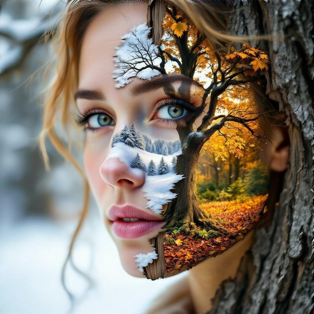 Four Seasons Woman Portrait in Double Exposure Style