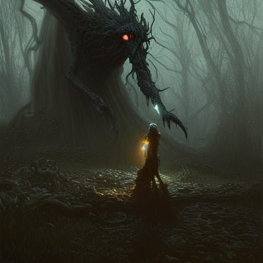 Eerie Shadow Monster in Burial Ground: Klimt-Inspired Art