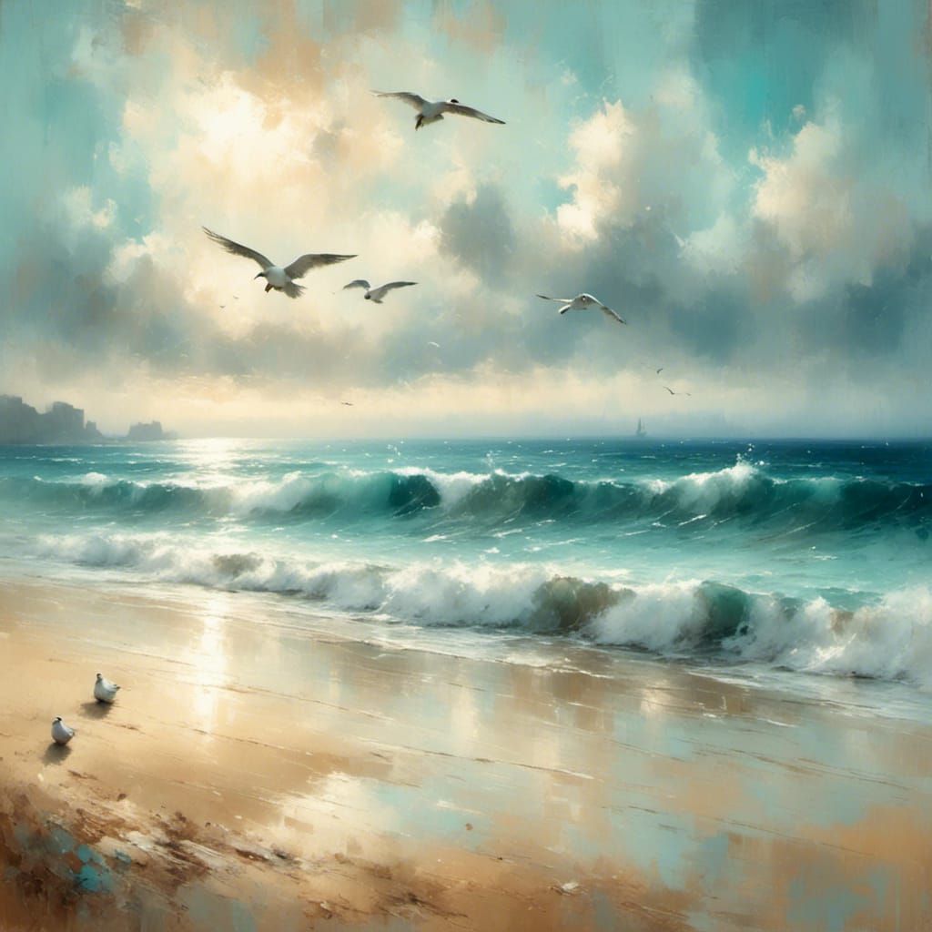 Seascape with Seagulls in Impressionistic Style
