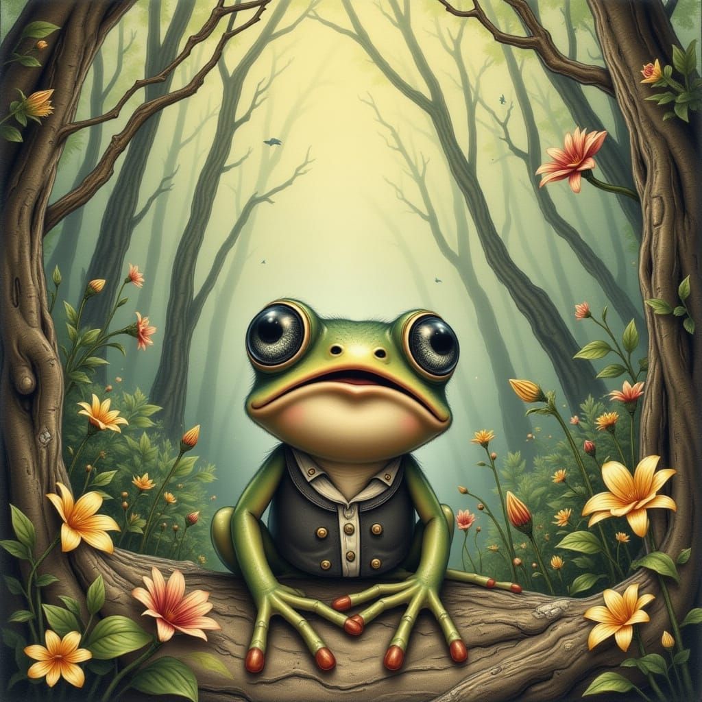 A frog that is jumping back in surprise. The frog's mouth sh...