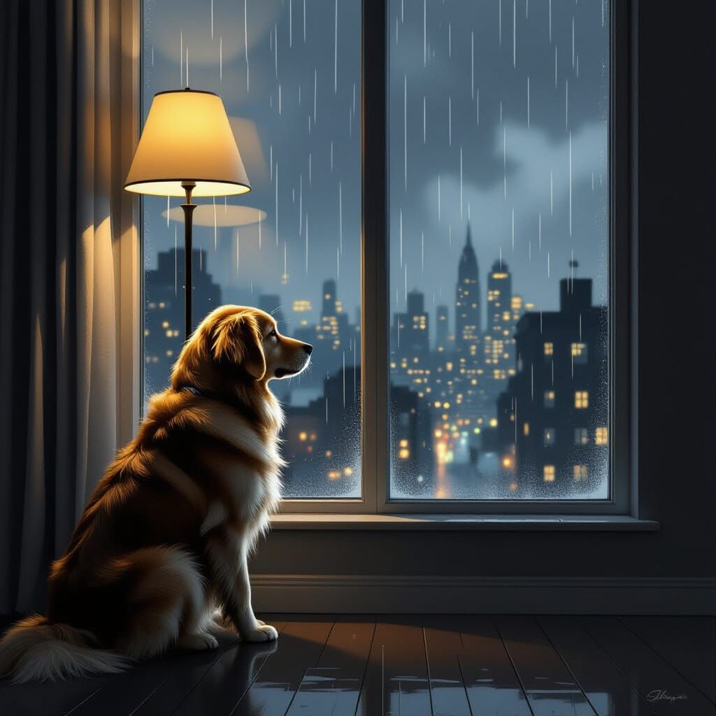 Golden Retriever's Melancholy Gaze at Rainy Cityscape