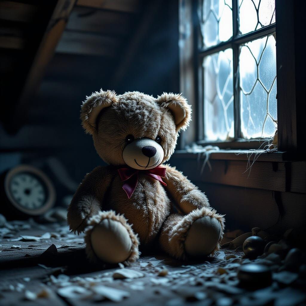 Tattered Teddy Bear in Moonlight: Gothic Horror Attic Scene