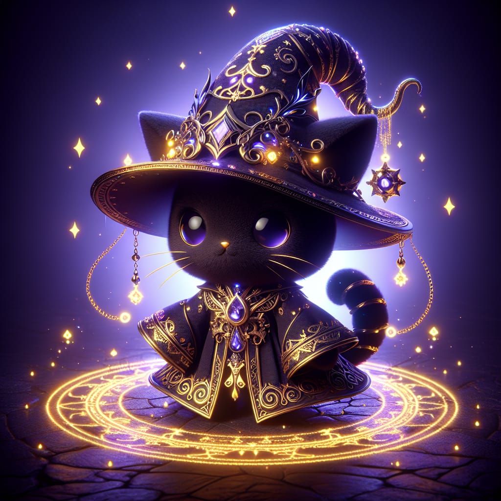 Chibi Black Cat Wizard Casting Bioluminescent Spell