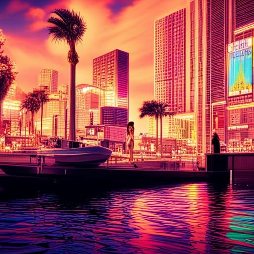 Woman Emerges from Water in Neon Cityscape