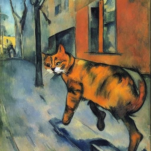 Cat Galloping in Post-Impressionist Style
