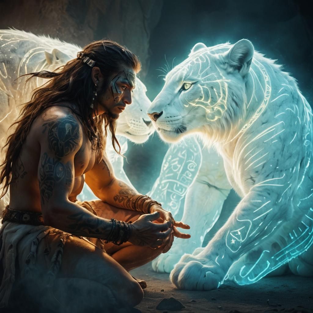 Male warrior, a giant White Gepard made of prismatic light