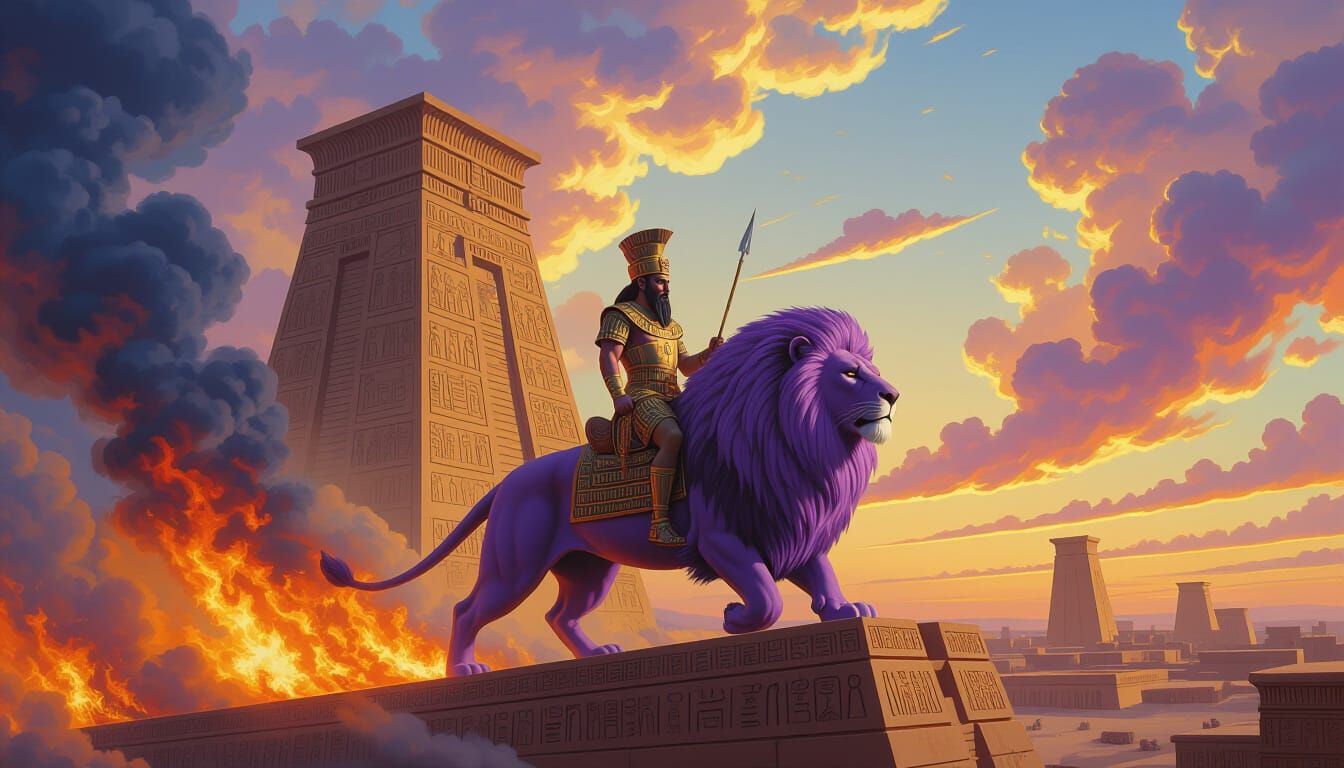 Ashurbanipal on Lavender Lion, Surreal Mesopotamian Art