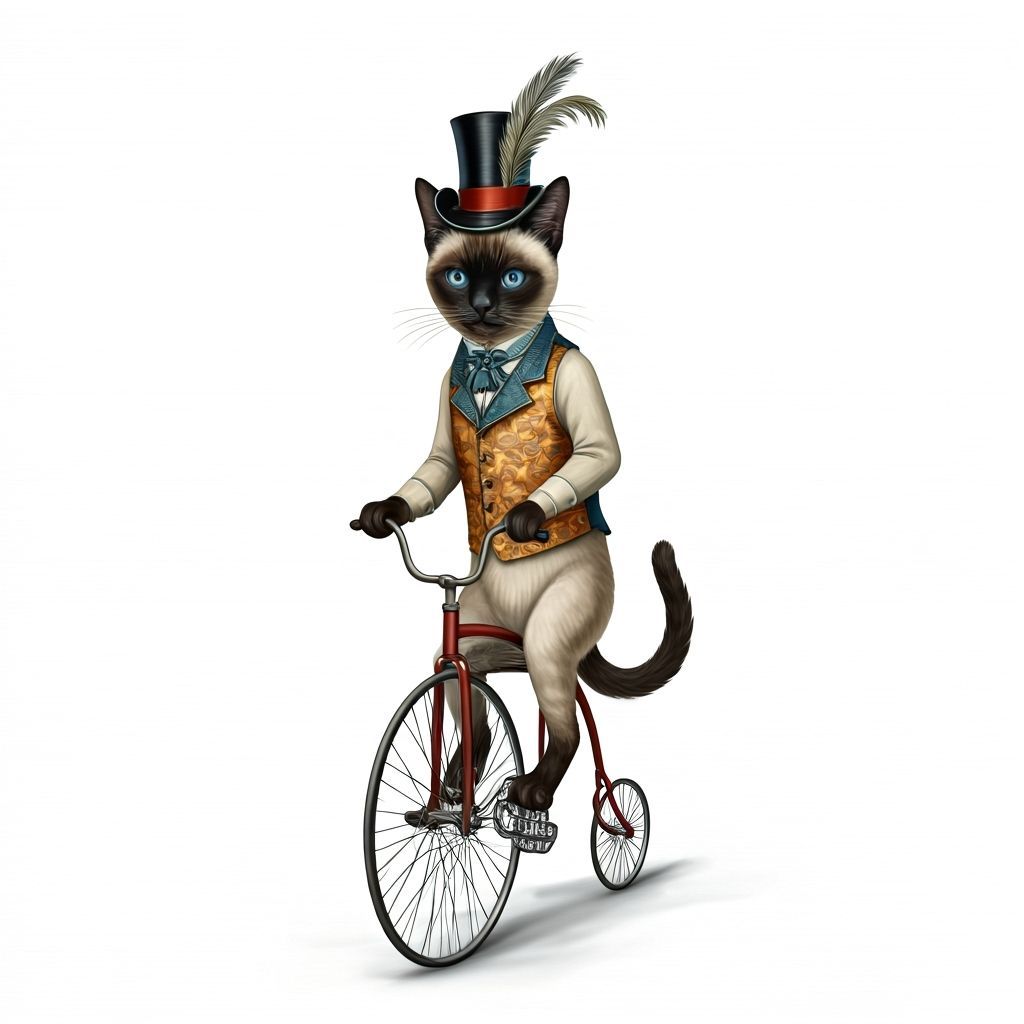 Siamese Cat Rides Penny Farthing in Whimsical Style