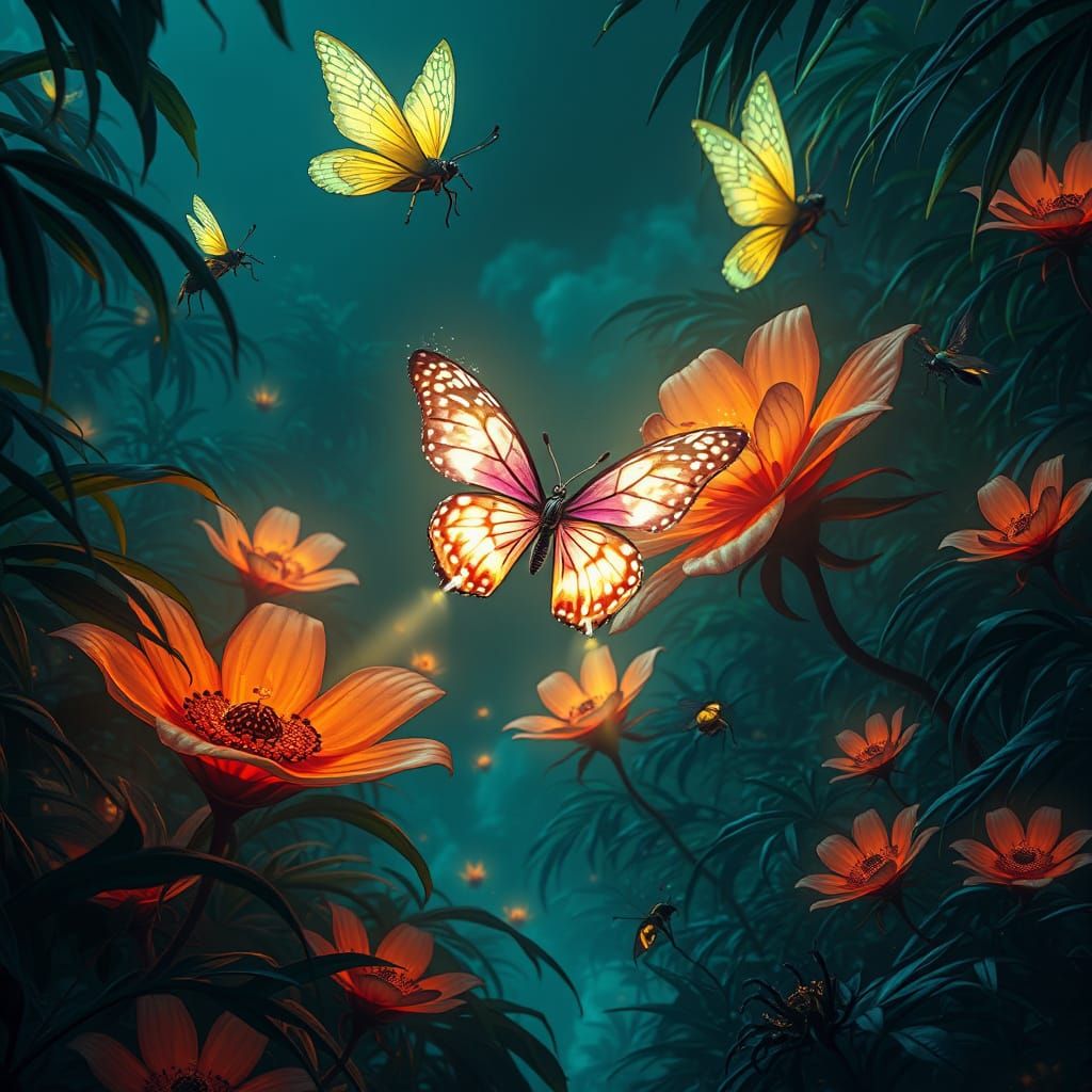 Bioluminescent Butterfly in Alien Jungle, Digital Art