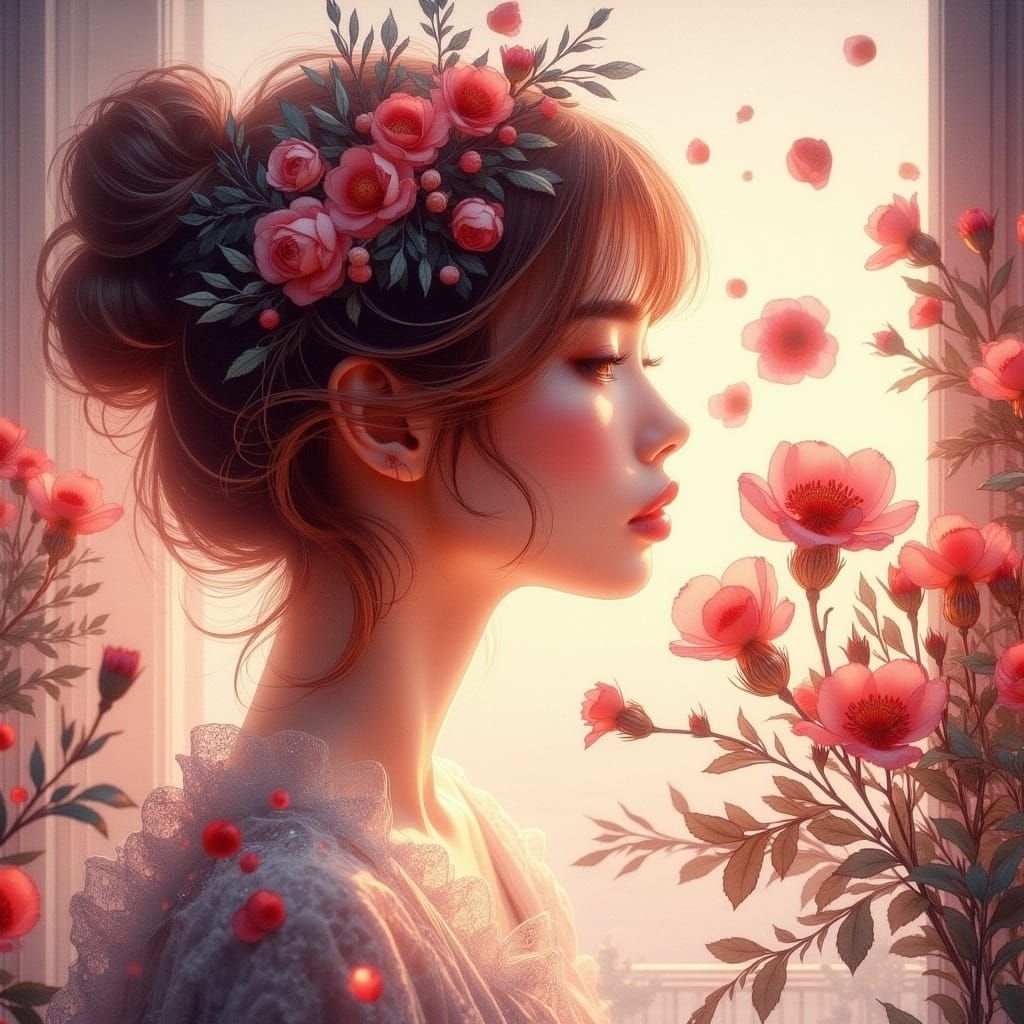 Ethereal Anime Woman Admires Charming Young Man in Breathtak...