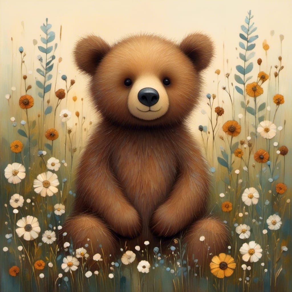 Whimsical Brown Bear Cub in Wildflower Meadow