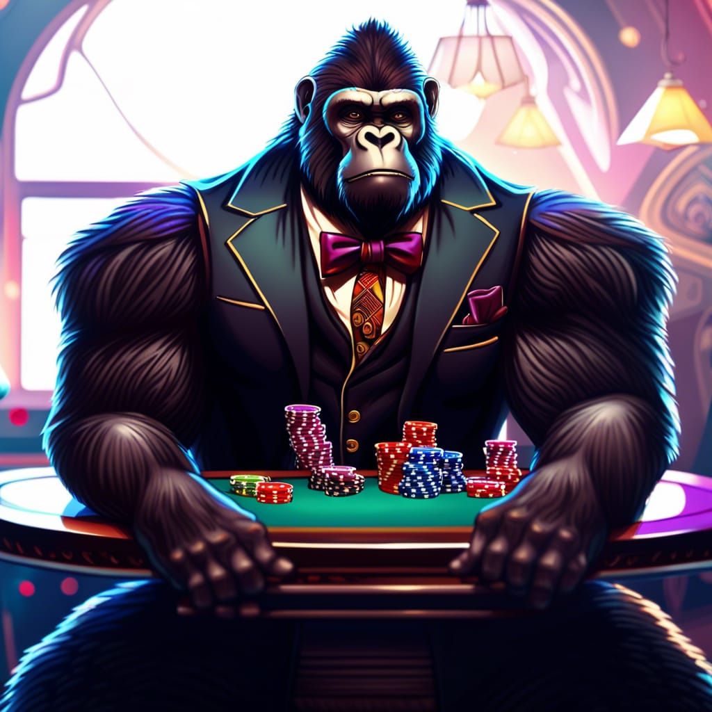 Muscular Gorilla Man Plays Poker in Klimt Style