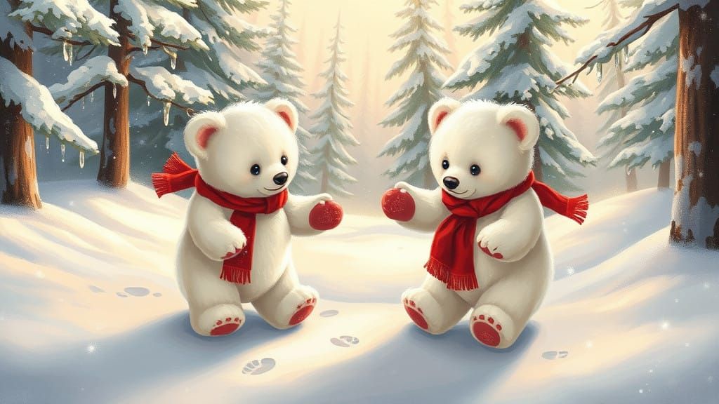 Two Adorable White Teddy Bears in Winter Wonderland