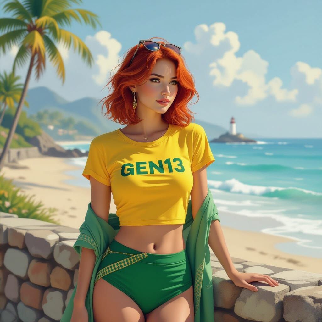 Red-Haired Woman on Beach in Impressionist Oil Painting