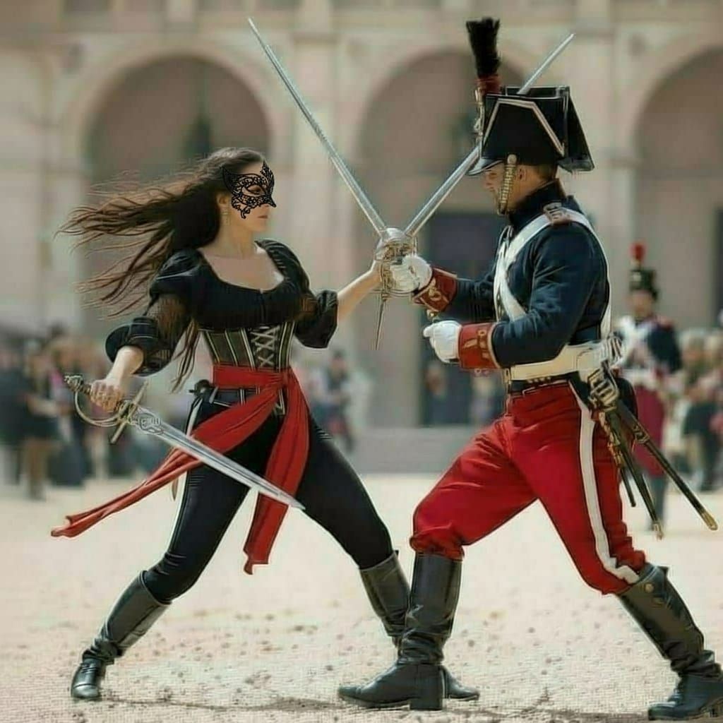 Latina Duelist Faces Napoleonic Soldier at Spanish Mission
