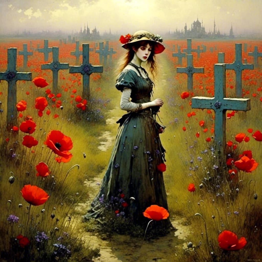 Poppies Bloom in Flanders Fields: Antique Watercolor