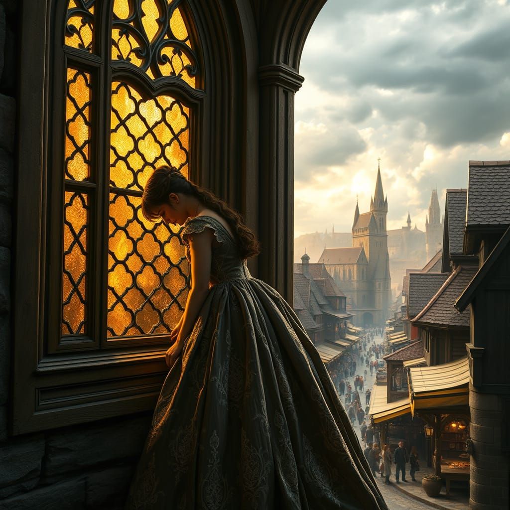 Young Woman at a Gothic Window, Medieval Marketplace Scene