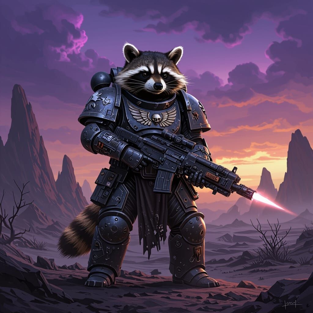 Raccoon Space Marine on Alien World, Warhammer Style