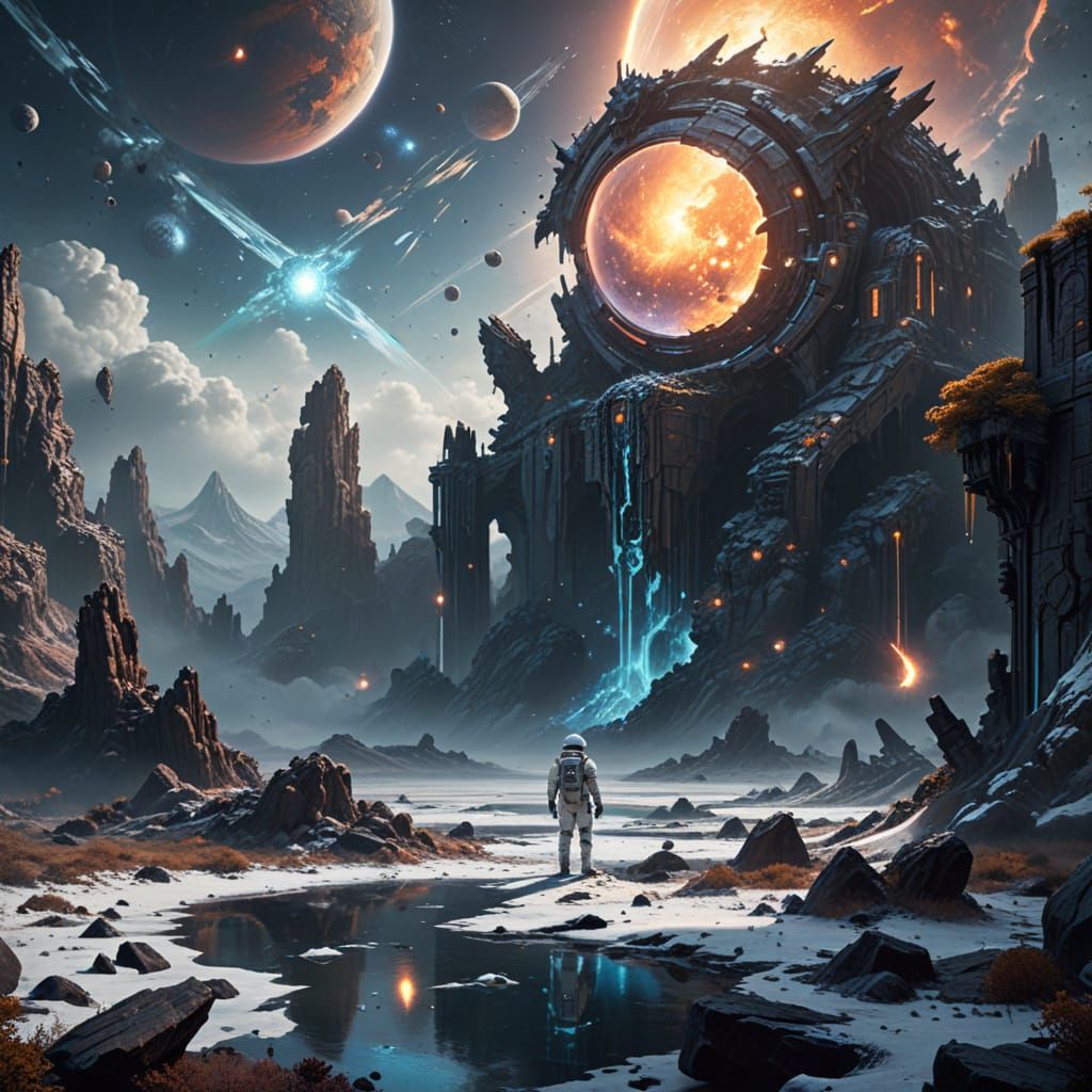 Astronaut Stands Amidst Alien Landscape with Swirling Nebula...