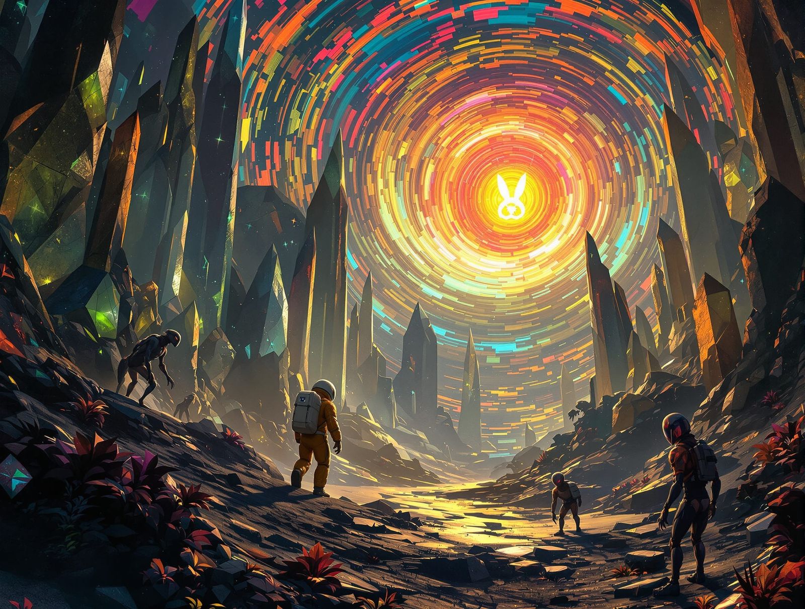 Astronaut Discovering Alien Artifact in Crystalline Jungle