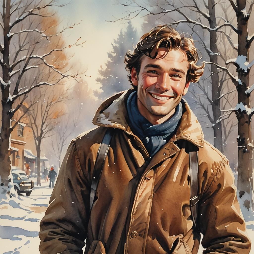 Smiling Man Portrait in Romantic Watercolor Style