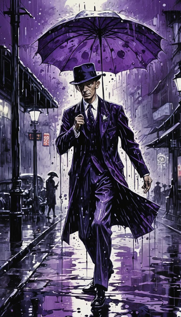 Film noir. Heavy rain falling on city. Purple swing dancer Fred Astaire under a street lamp with umbrella Black dark int...