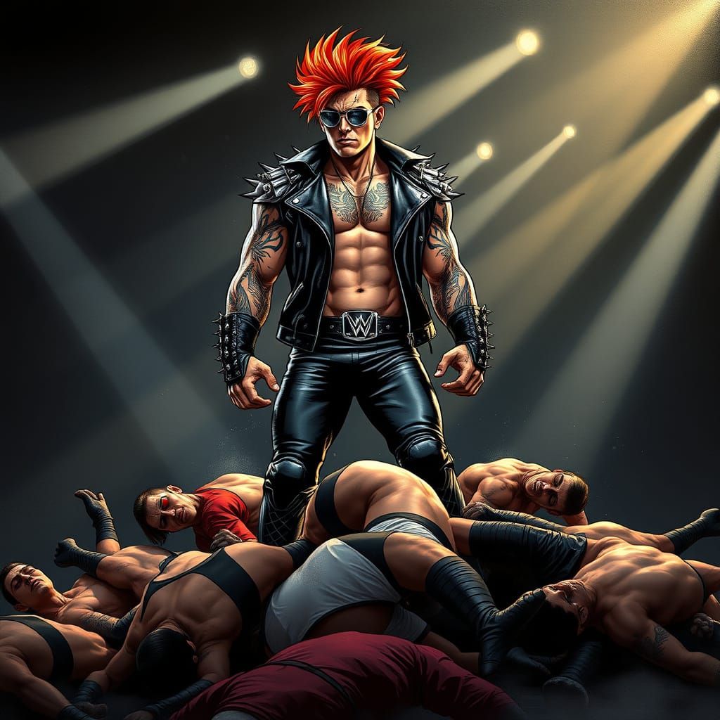 Muscular Wrestler Dominates in Dark, Gritty Arena with Triba...