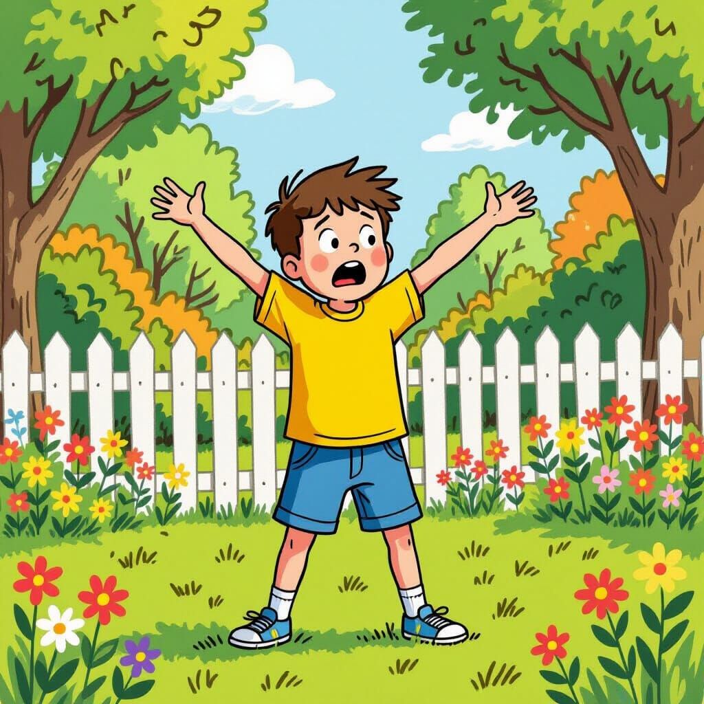 Frustrated Boy in Garden, Beatrix Potter Style