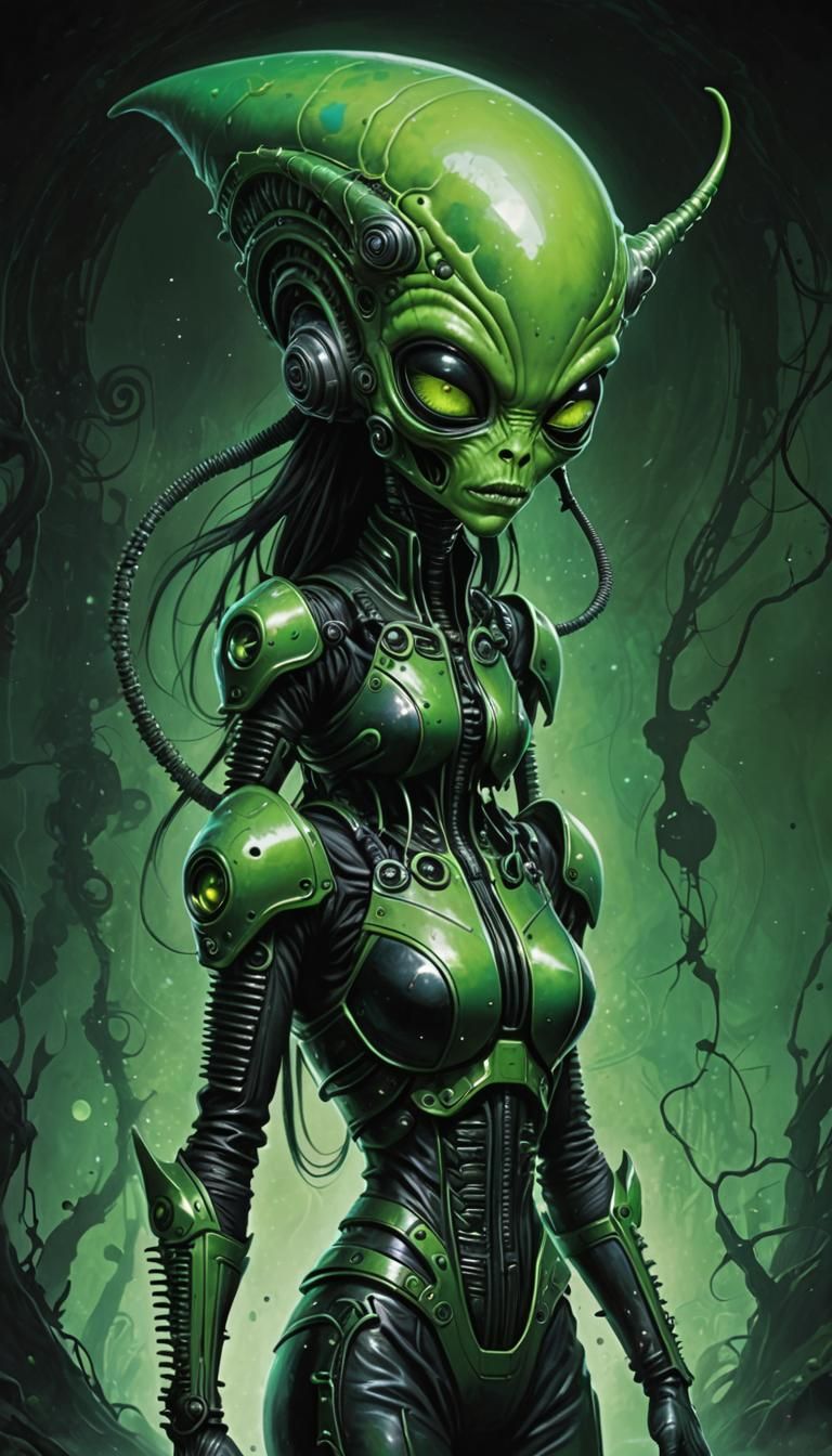 Raygun Gothic Green Alien Girl Illustration