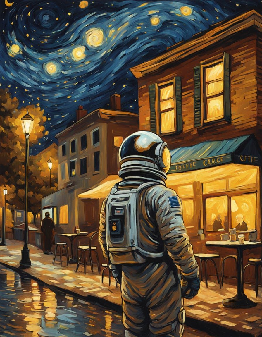 A lone astronaut stands near a cafe at night in the art styl...