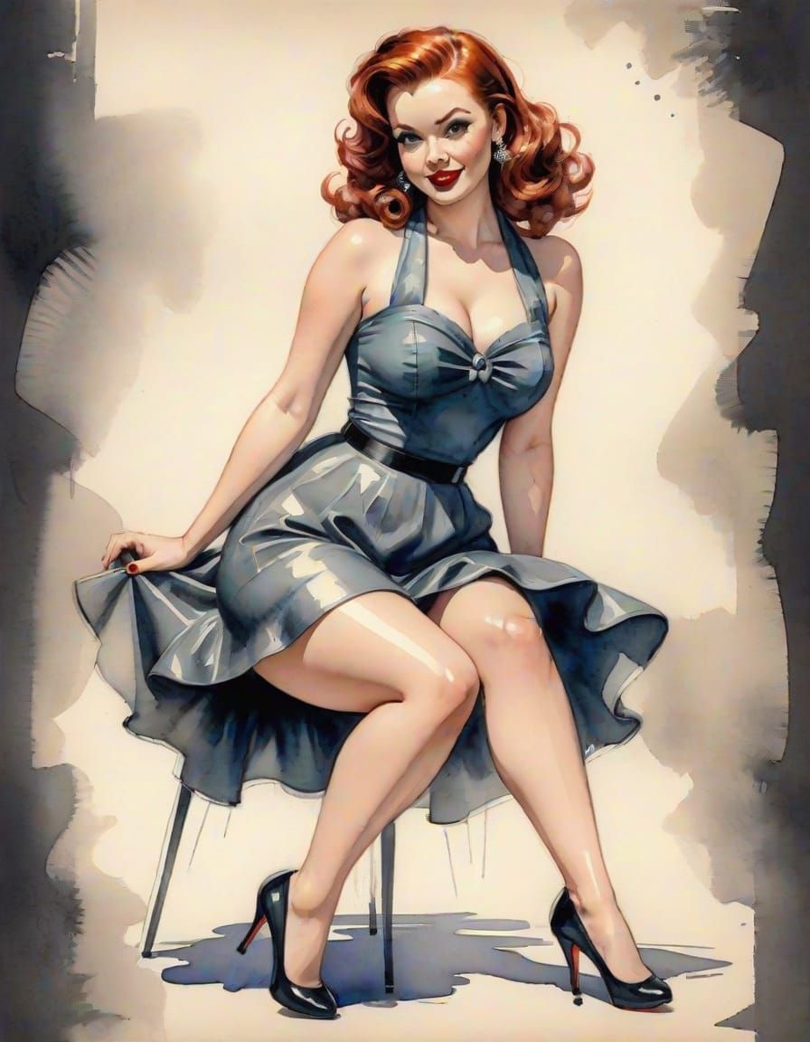 Pin-Up Girl With Auburn Hair in Watercolor Style