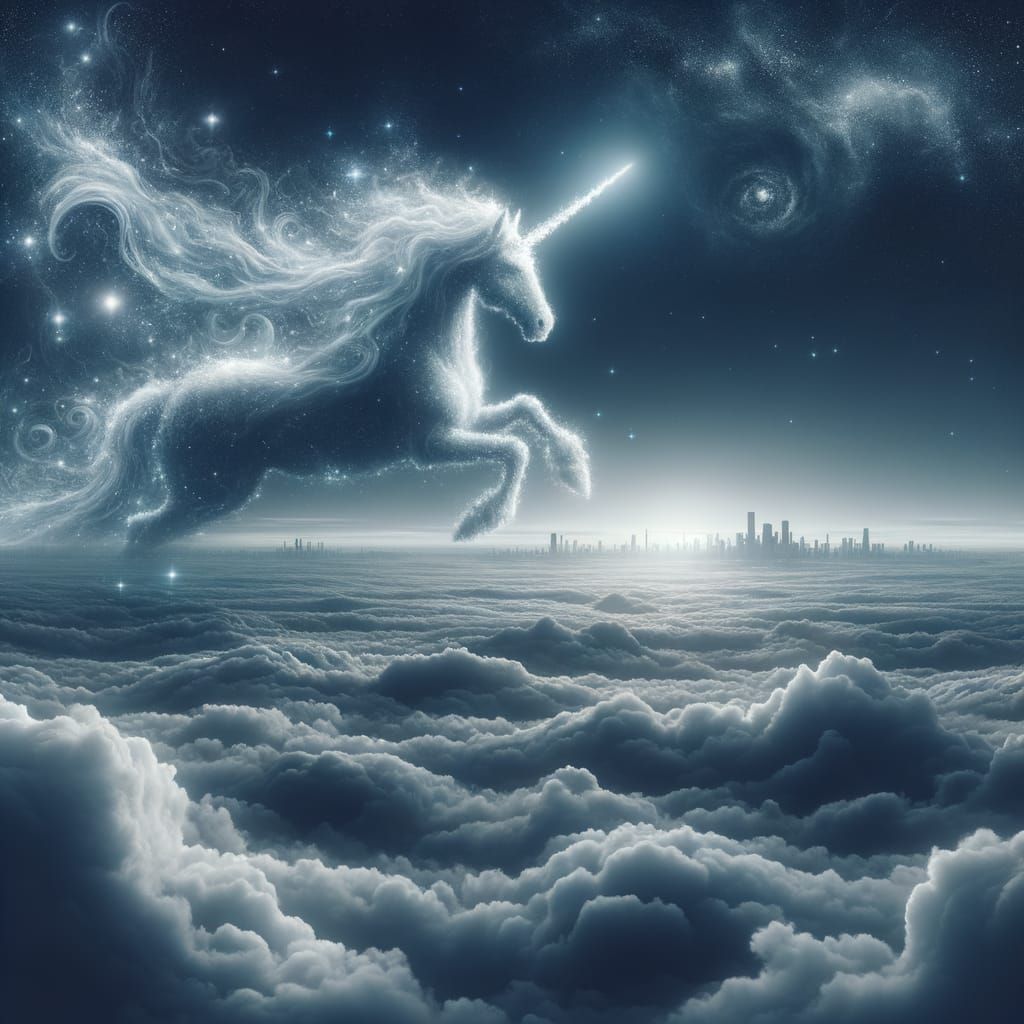 Mystical Unicorn Soaring Over Dystopian City