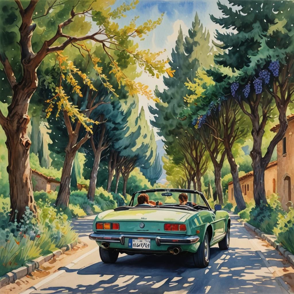 Tuscan Road Trip in Gouache Watercolor Style