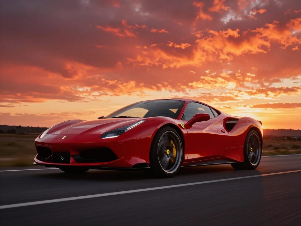 Sleek Red Ferrari Speeds Through Sunset on Open Road