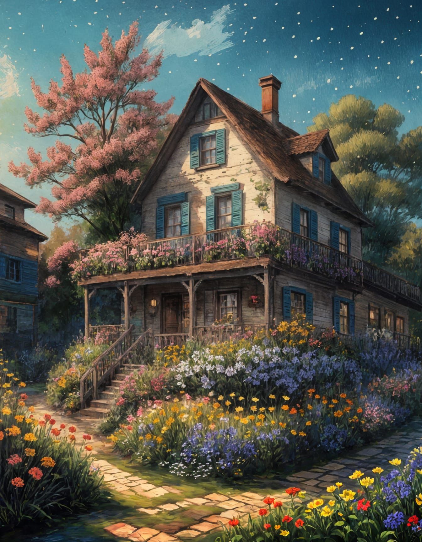 Vintage Village House Art Surrounded by Flowers at Night