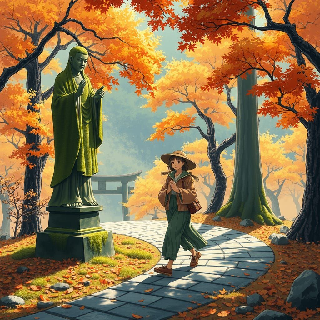Anime Woman in Autumn Landscape with Statue