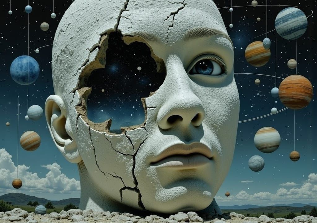 <lora:Asperam Coelo:1.0>  Surreal and artistic image featuring a large, cracked stone sculpture of a human face in the f...