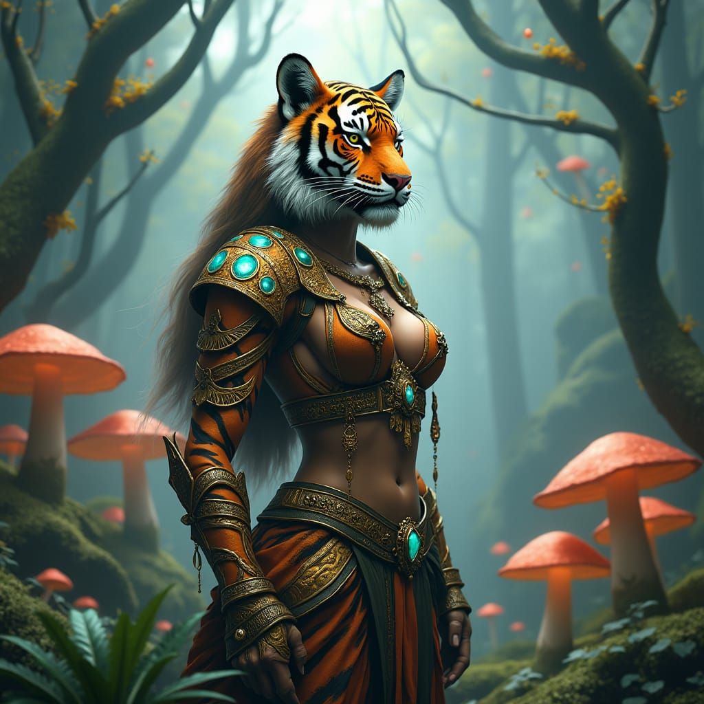 Armored Anthro Tiger in Lush Fantasy Landscape