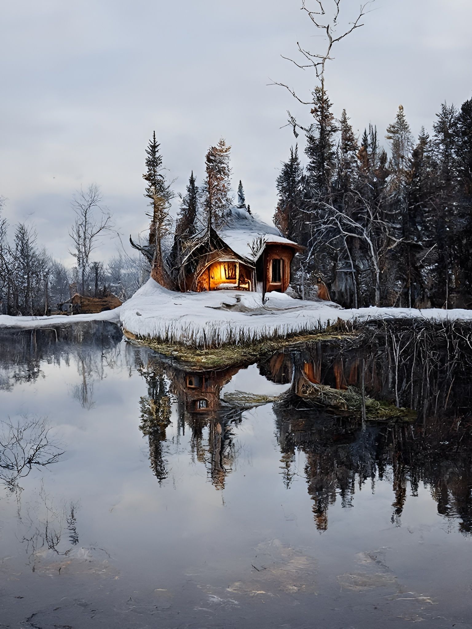 Surreal Storybook House on Frozen Lake as Oil Painting