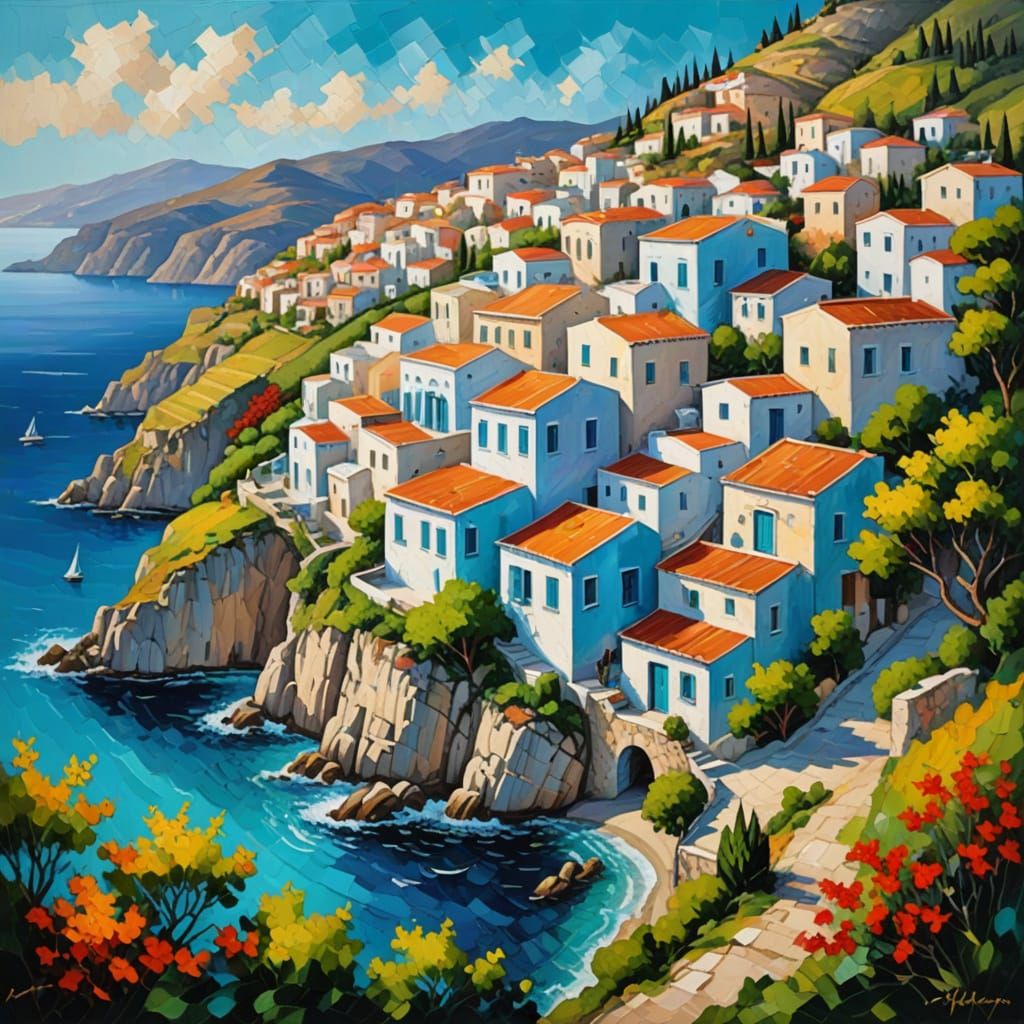 Greek Village by the Aegean Sea as Impasto Painting