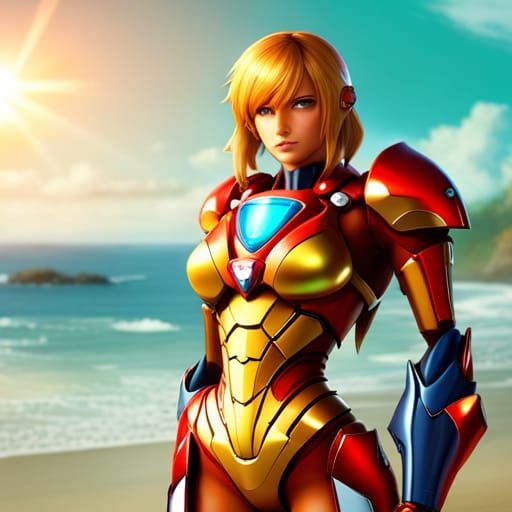 Samus Aran Relaxing on Beach in Detailed Armor
